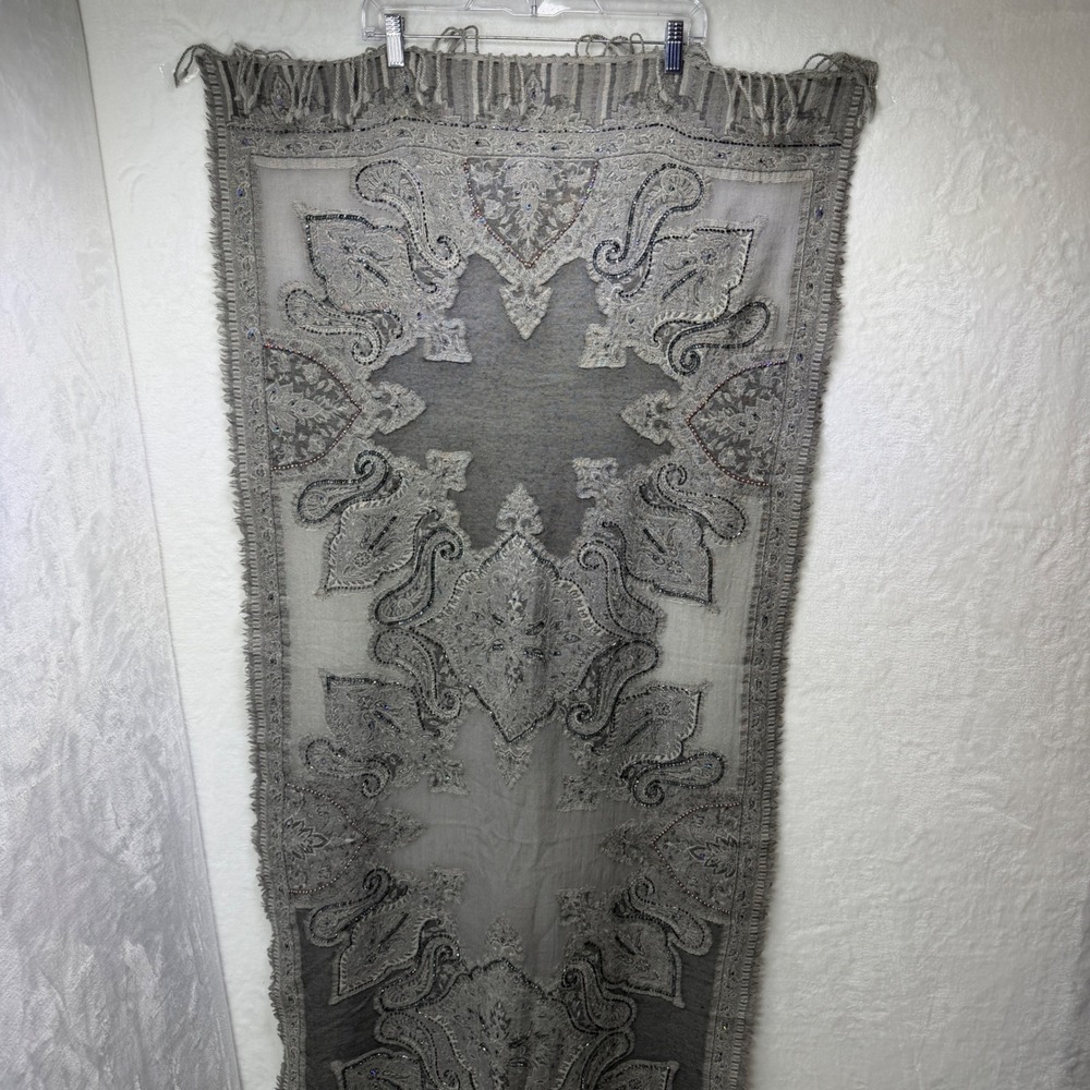 Devernois Paris Grey 100% Wool Beaded Sequin Scarf Tassel Trim Wrap 26x68"
